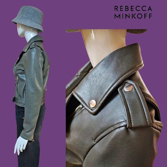 REBECCA MINKOFF NEW OLIVE Faux Leather Belted Waist Moto Jacket M - Picture 3 of 12